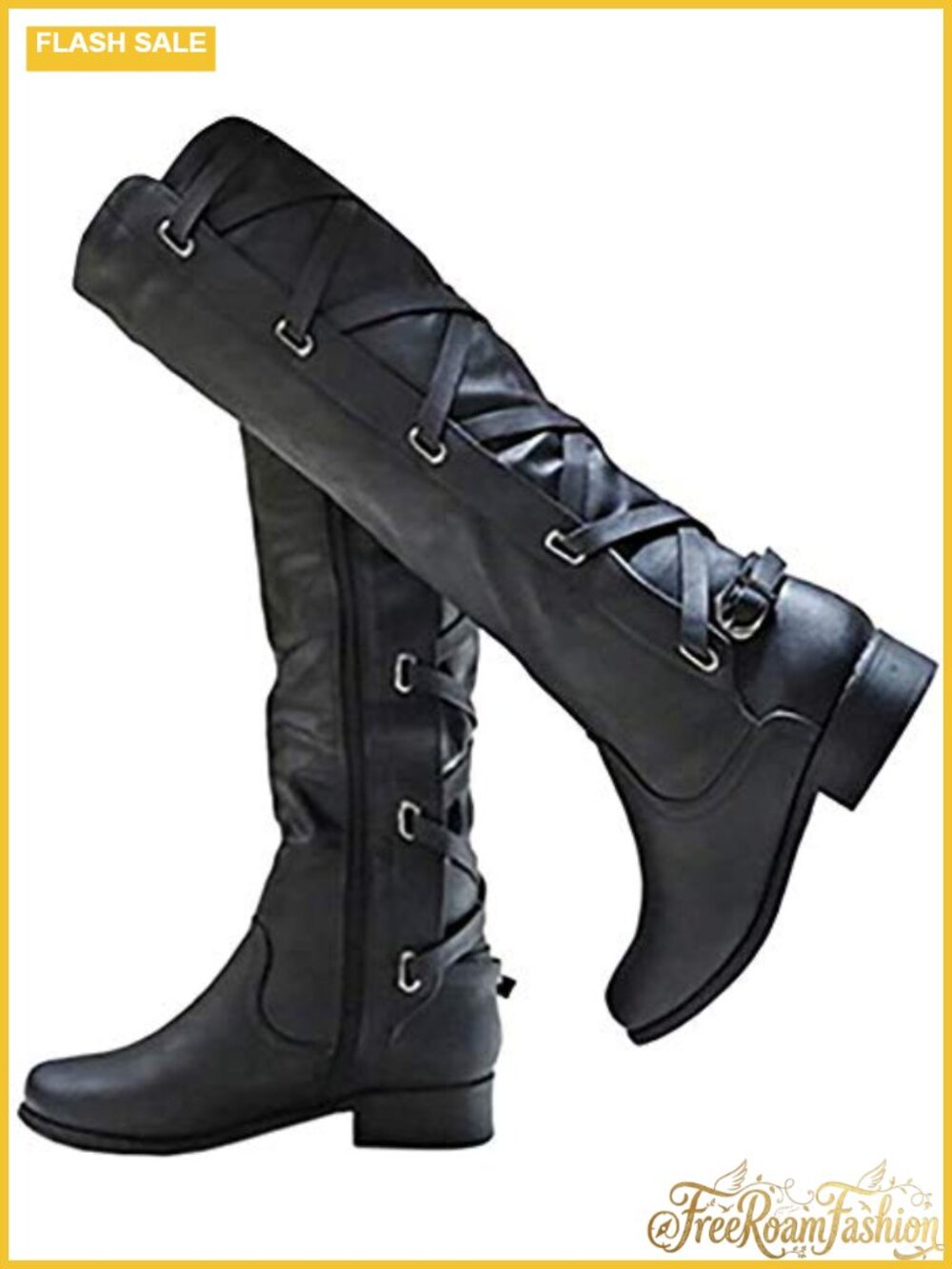 Faux Leather Knee High Moto Boots Lace Up Strappy Winter Combat Boots